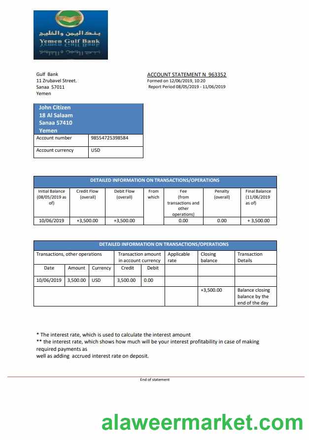 Yemen Gulf bank statement